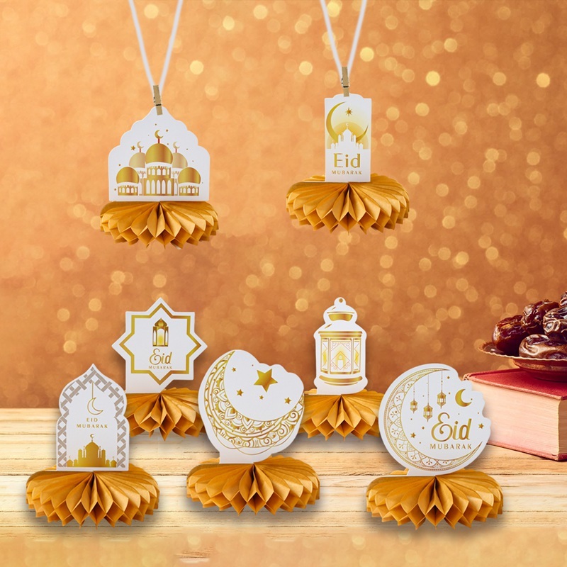 7pcs/set White Gold 3D Honeycomb Eid Mubarak Theme Table Ornament ...