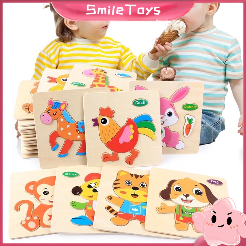 SmileToys Kids 3D Wooden Cartoon Puzzle Toy Baby Early Learning English ...
