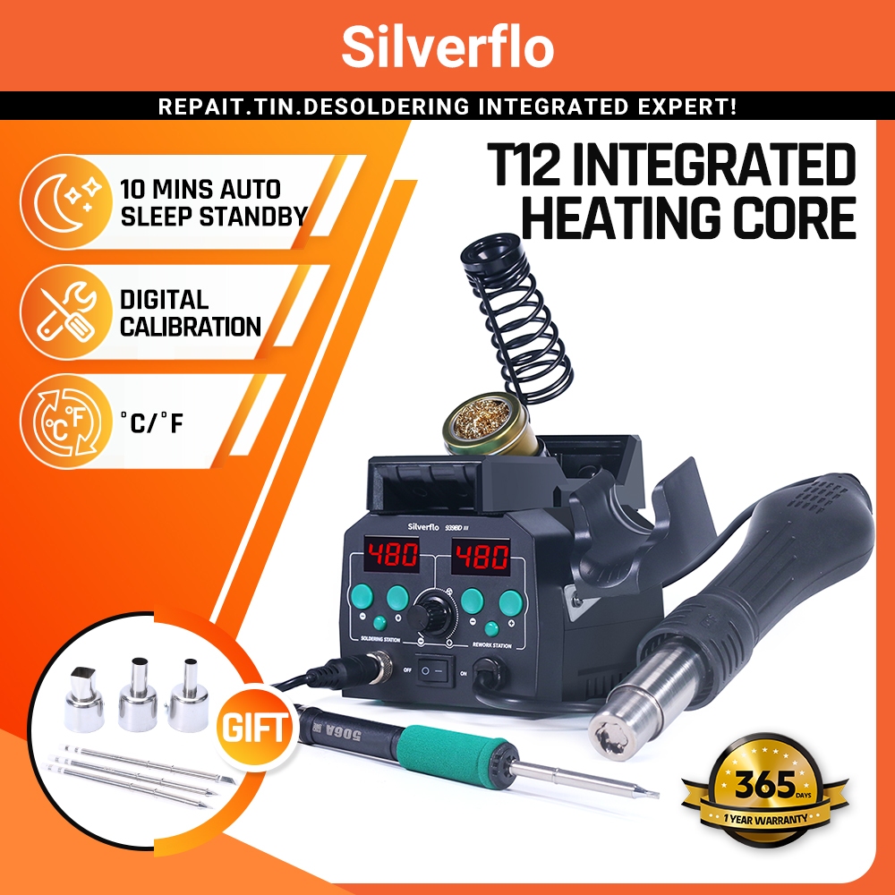Silverflo 938BD-III Soldering Station 2 in 1 T12 Soldering Iron Hot Air ...
