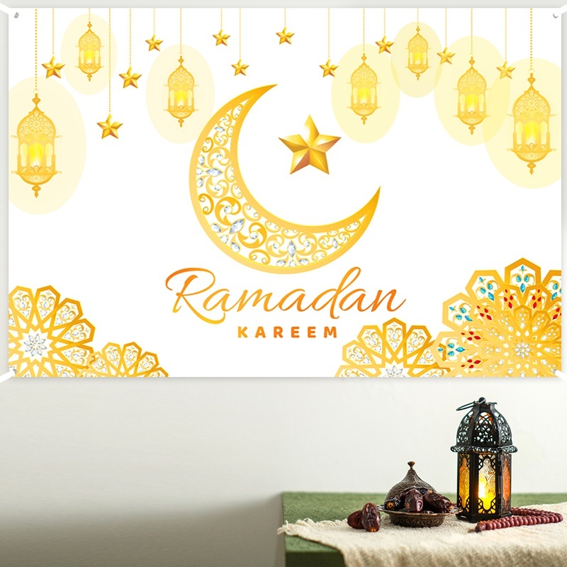 150*100Cm White Gold Ramadan Kareem Backdrop Eid Mubarak Muslim Moon ...