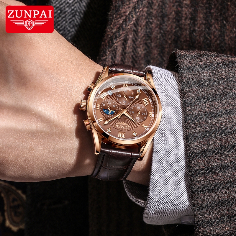 ZUNPAI Watch for Men Original Waterproof Leather Strap Unisilver