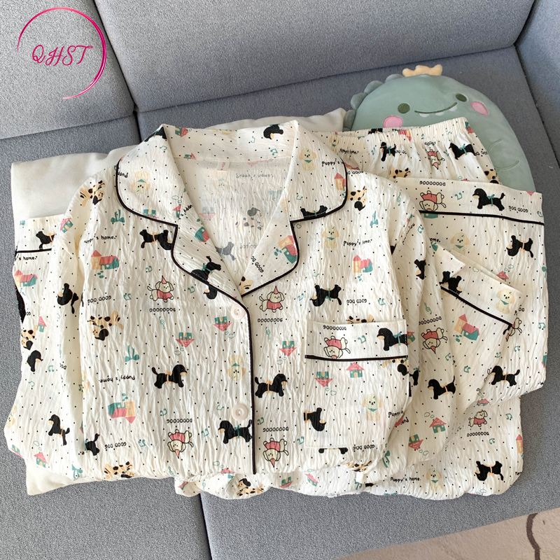 QHST Pajamas Set Female Dotted Dog Cloud Cotton Long Sleeve Trousers ...
