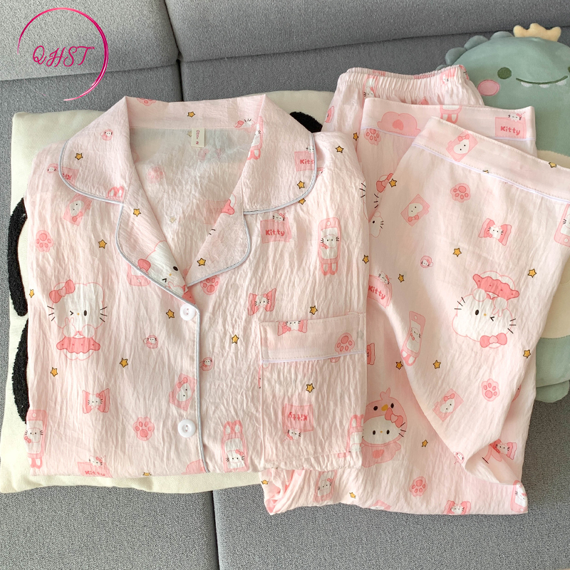 QHST Pajamas Set Female Pink KT Cat Cloud Cotton Long Sleeve Trousers ...