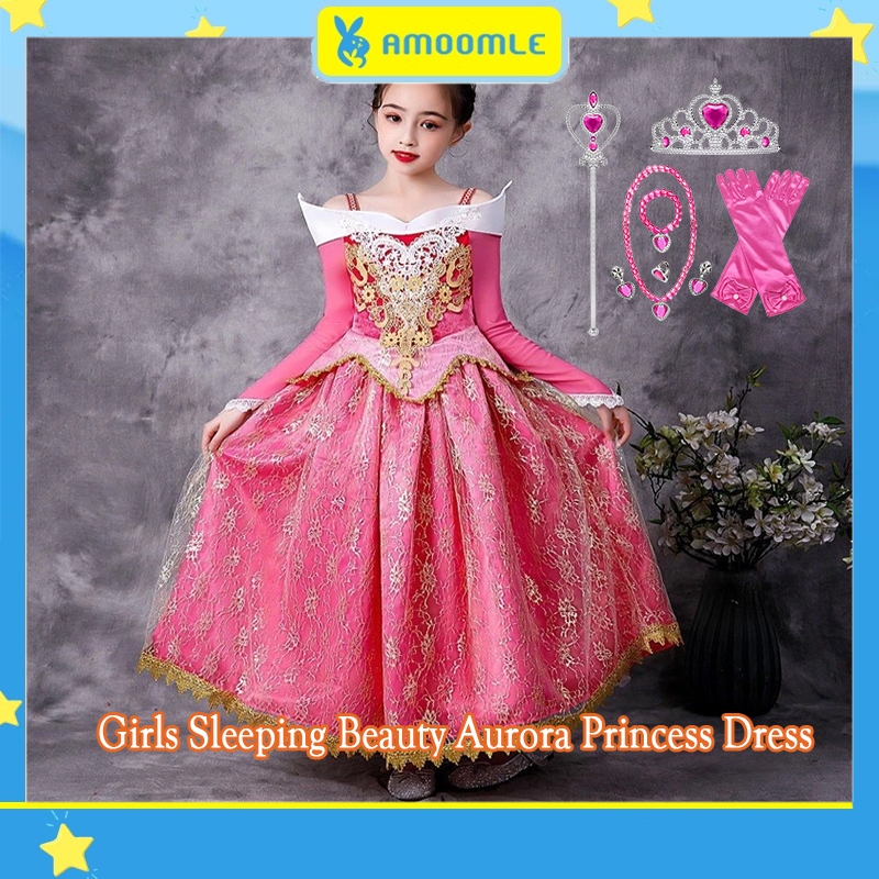 Girls Sleeping Beauty Aurora Princess Dress Long Sleeves Lace Robe ...