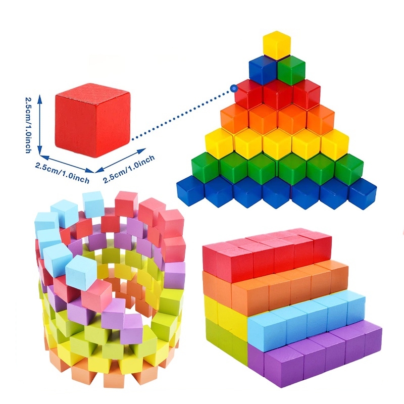 1CHOISE Wooden 100pcs Colorful Cube Stack Building Blocks Brick ...