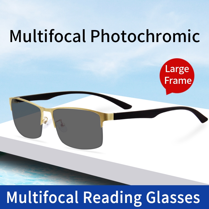 Large Oversized Photochromic Progressive Reading Glasses Multifocus Hard  Multi-Coated Resin Lens,Wide Large Frame Readers