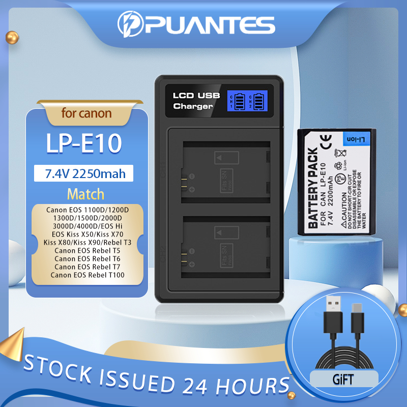 Lot 2 Piles LP-E10 + Chargeur Double LCD USB Pour Canon EOS Rebel T3 T5 T6 T7, 1100D, 1200D, 1300D
