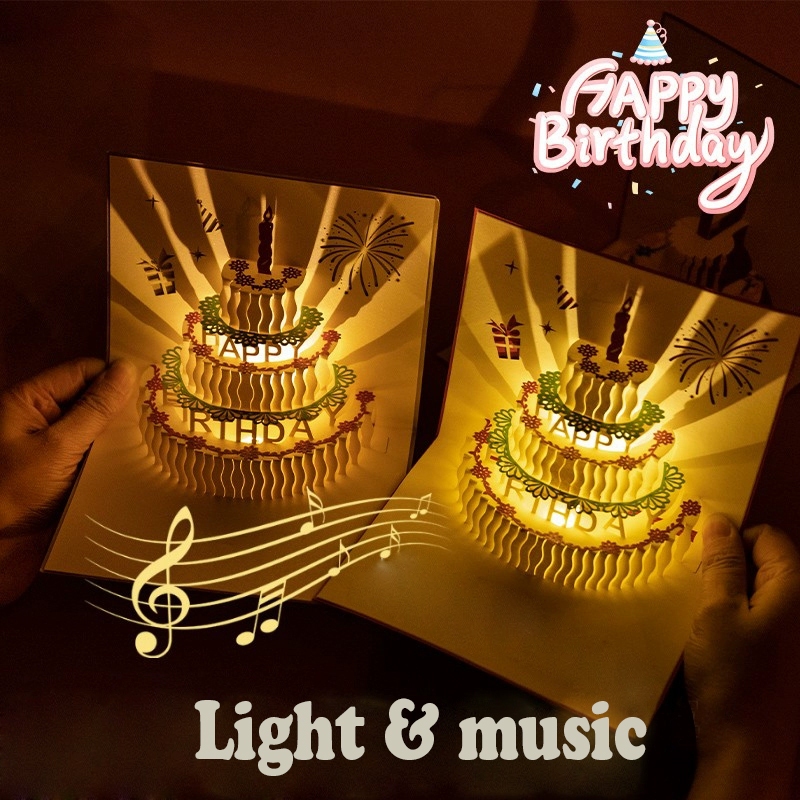 Musical Birthday Cards Color Light&Blowable Candle 3D Popup Card with ...