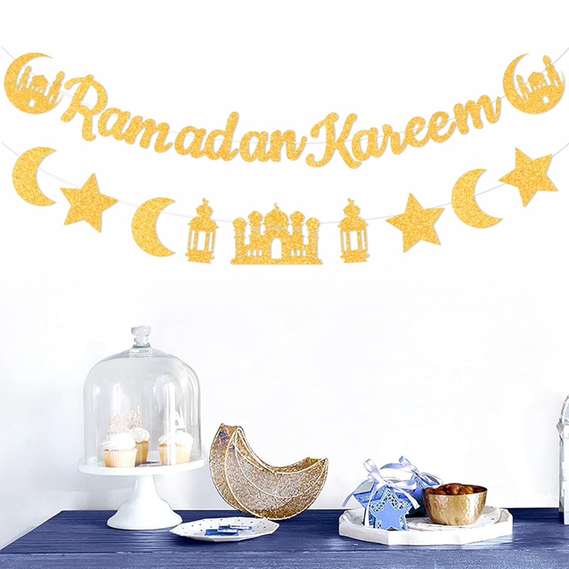 Gold Shimmer Eid Mubarak Hanging Flag Castle Lantern Star Moon Pattern ...