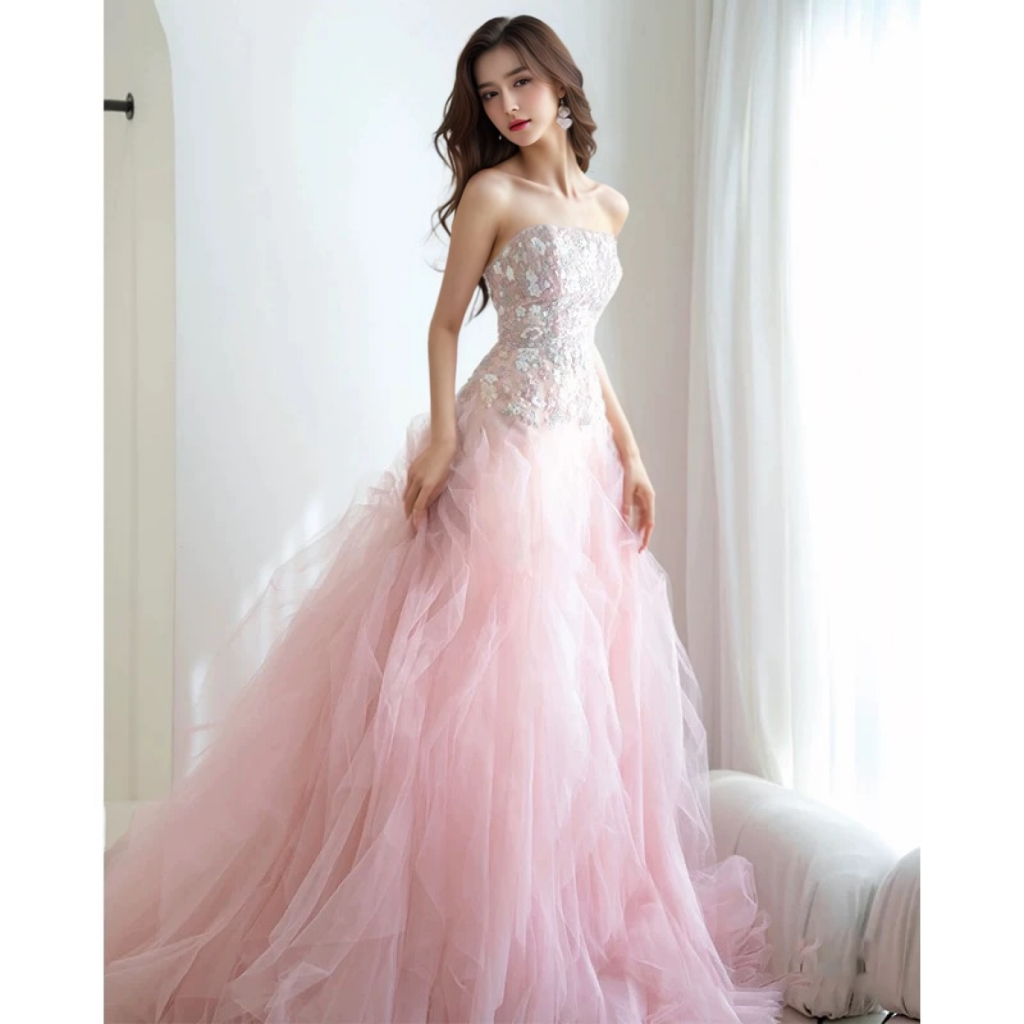 Fariy Strapless A-Line Tulle Floral Long Evening Gowns Birthday Dresses, DP5463 main image 1