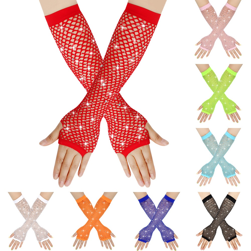 Long fishnet fingerless gloves 80s theme party with rhinestone mesh ...
