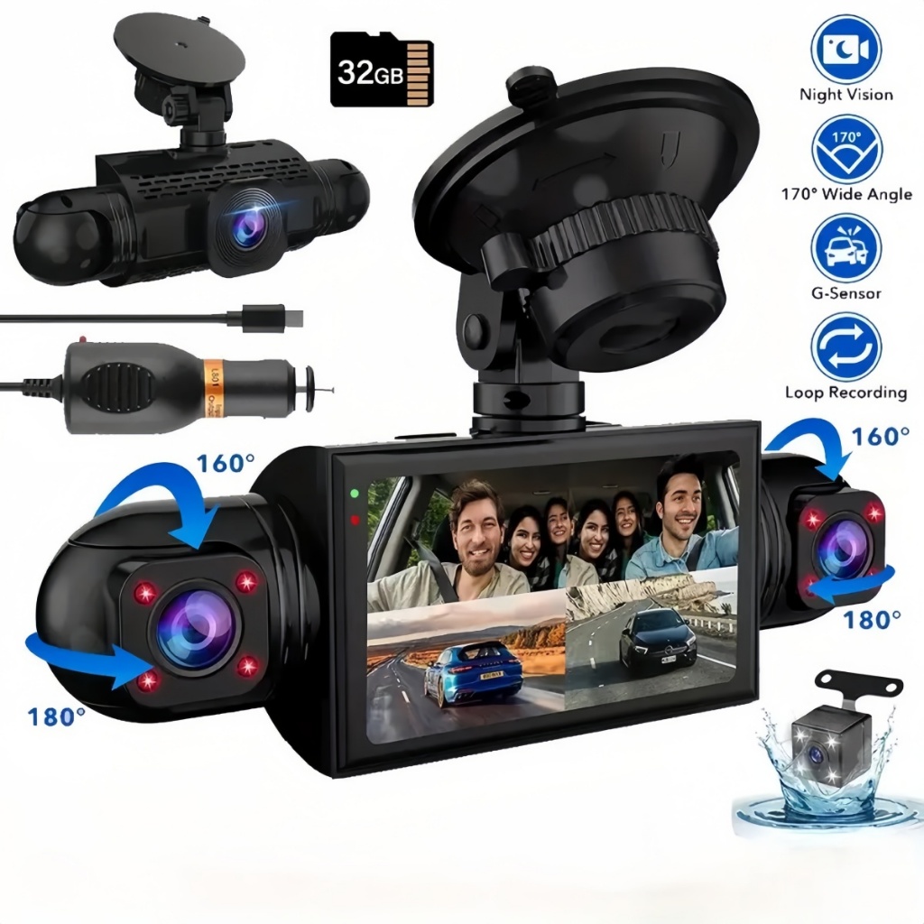 360° HD 1080P 4-Channel Dash Cam with Night Vision Front/ Inside Rear ...