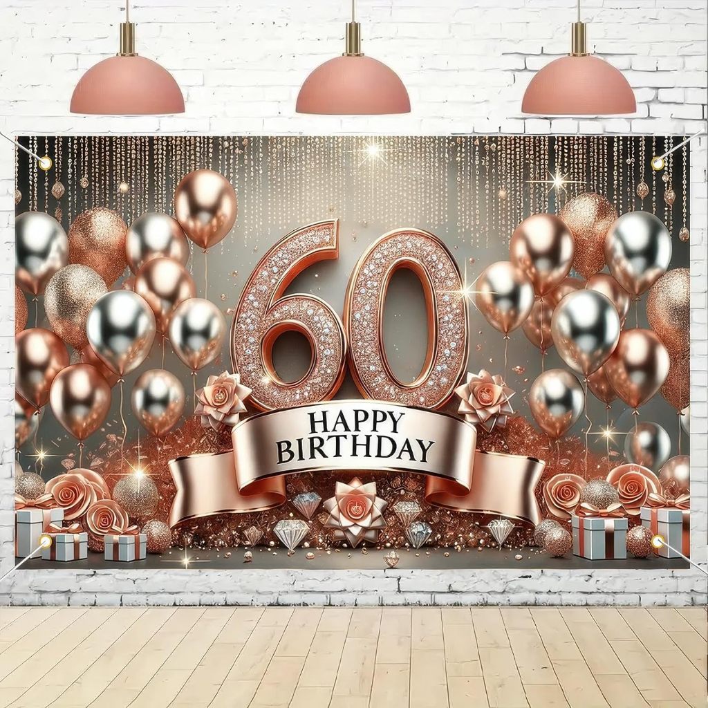 5x3ft 60th Happy Birthday Backdrop Rose Gold Birthday Banner Glitter ...
