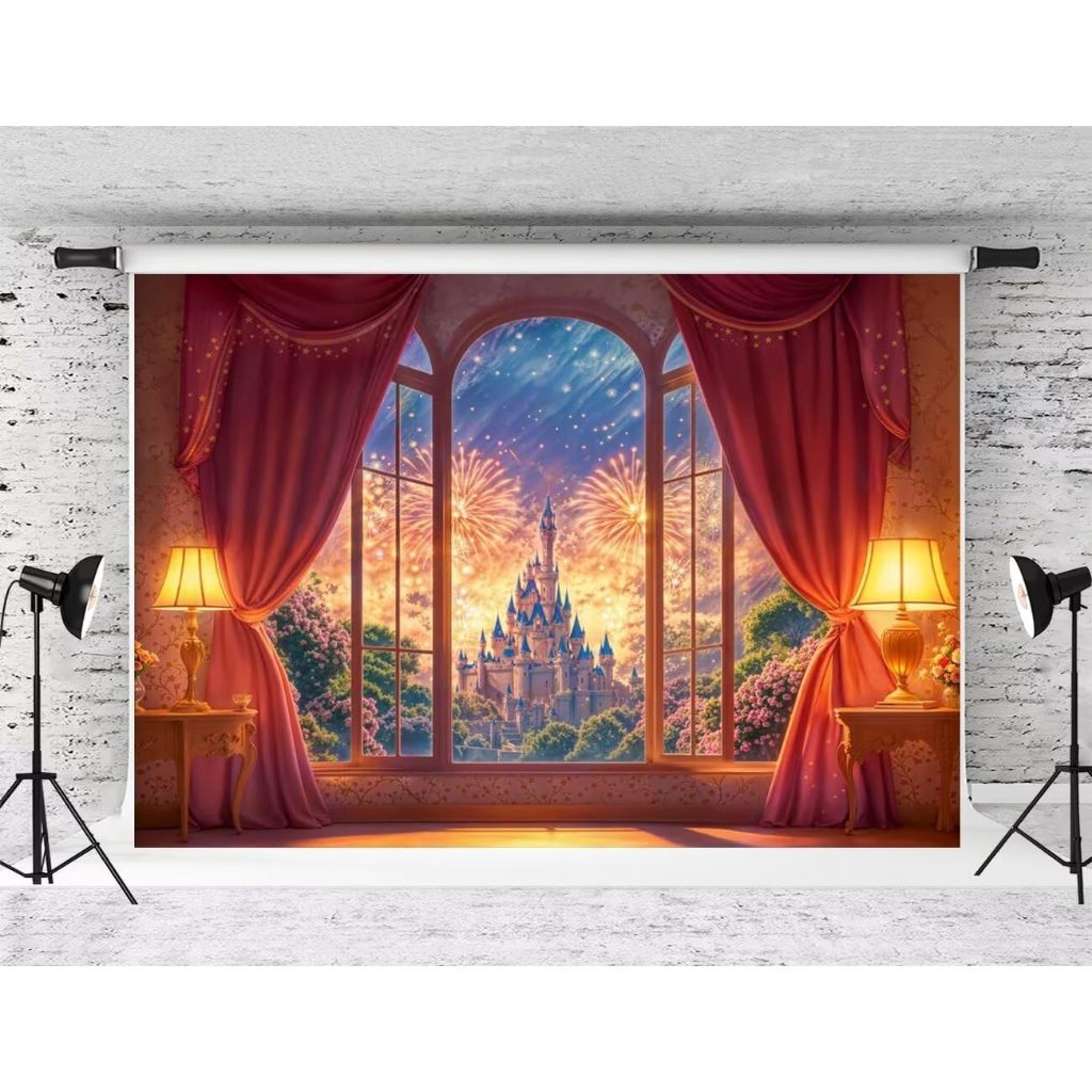 7x5ft Fantasy Castle Window Fireworks Photography Backdrop Red Curtain ...