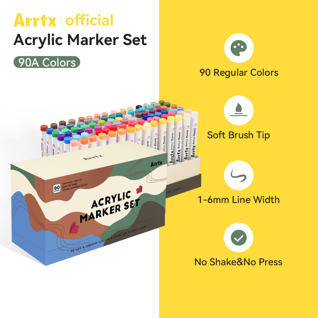 Arrtx 90 Colors Acrylic Markers, 1-6mm Brush Tip Water Based Acrylic ...