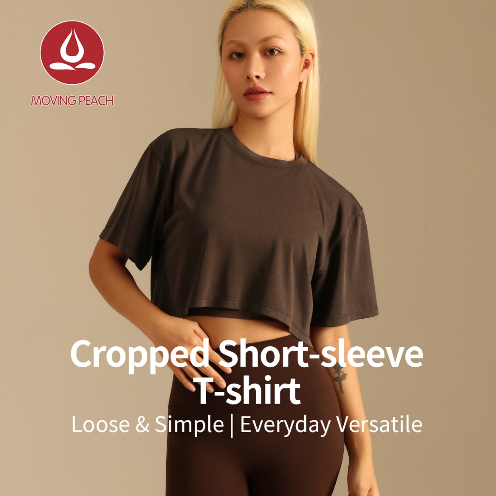 MOVING PEACH Women Sports Crop Top Relaxed Fit Breathable Running Exercise  Classic Crew Neckline T-shirts Without Inner Bra ATL
