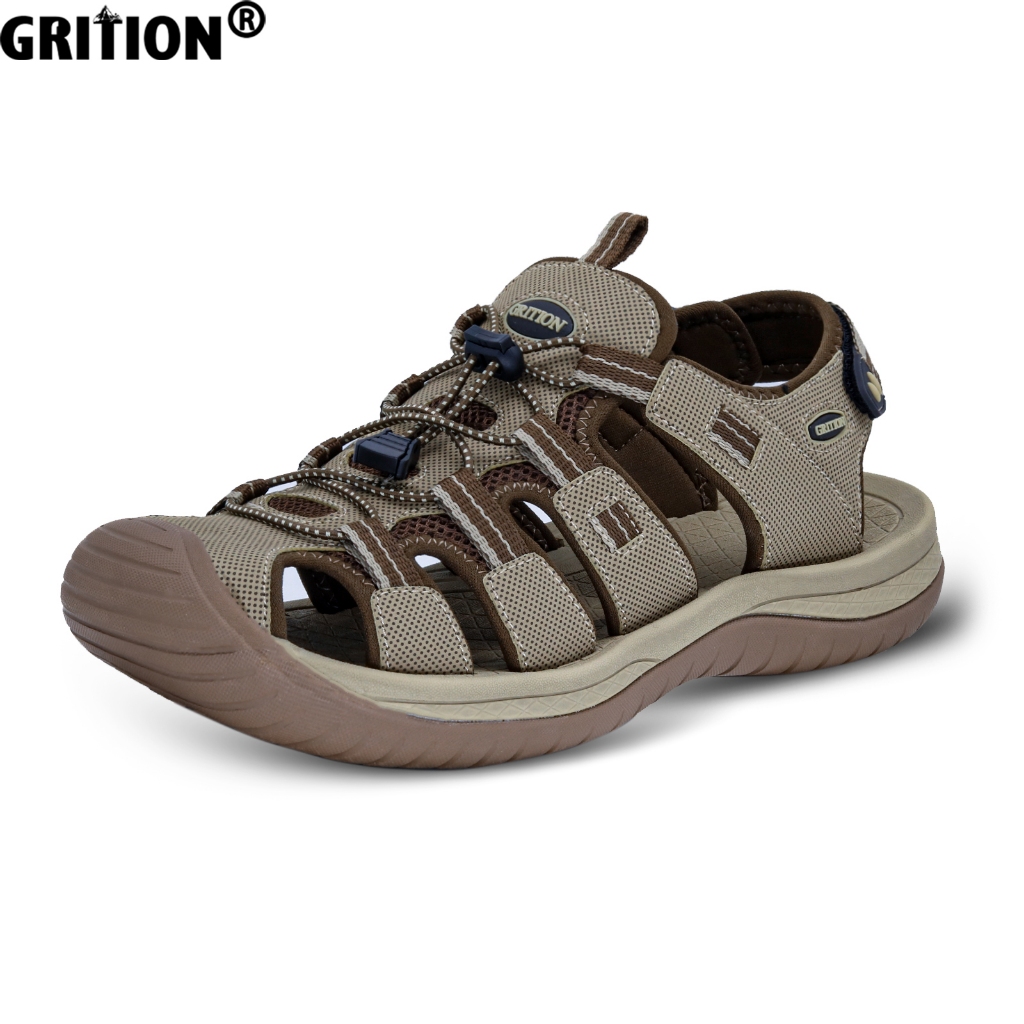 GRITION Men Summer Sandals Outdoor Hiking Trekking Beach Adjustable Closed  Toe Non-Slip Slippers