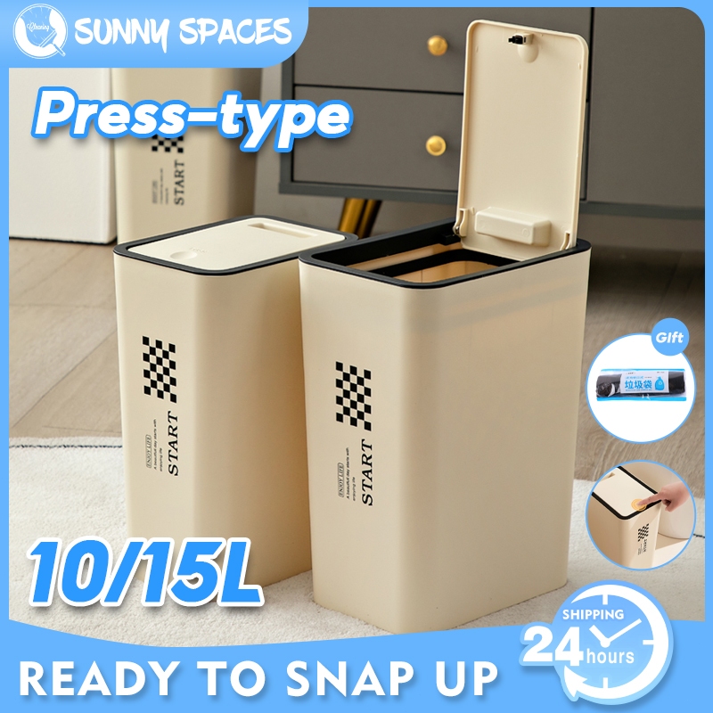 SUNNY SPACES Aesthetic Trash Bin with Lid 10/15L Press-Type Trash Can ...