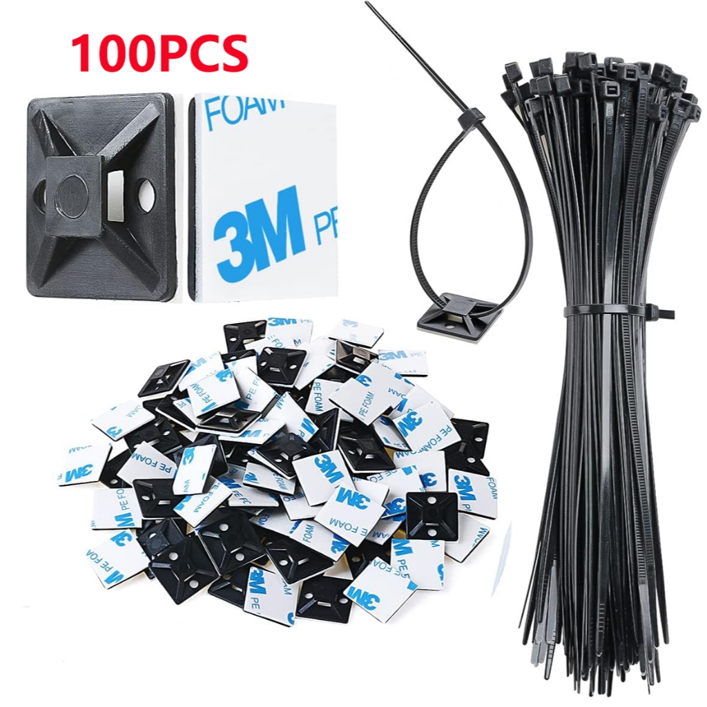 100 Pack 3M Back-Glue Self Adhesive White Strong Cable Zip Tie Mounts ...