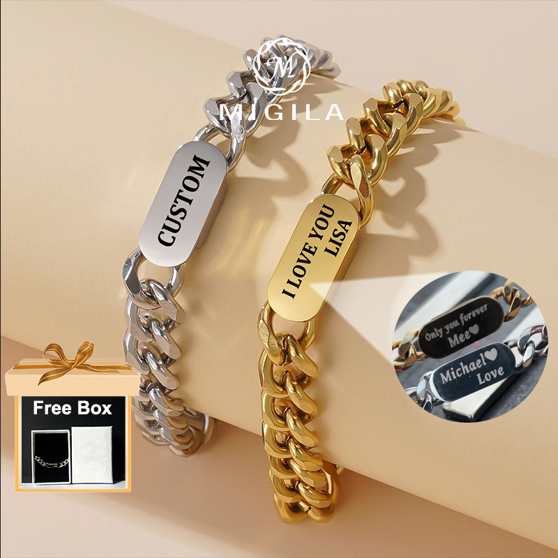 MIGILA graduation gift Customized Bracelet With Name Cuban engraved  Bracelet for Men and Women Titanium Steel Bracelet Does Not Fade Accessories