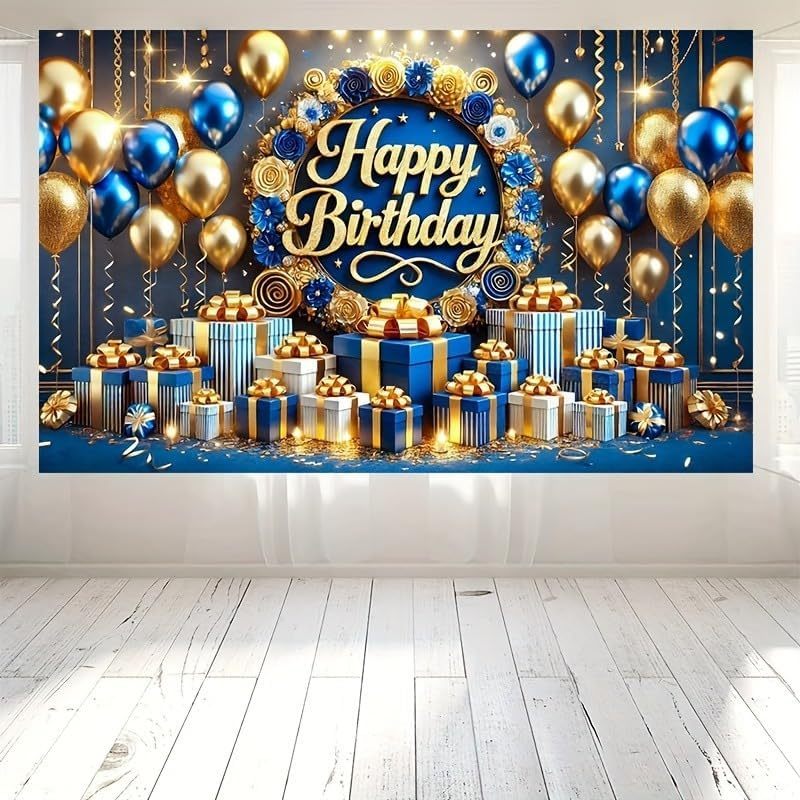 5x3ft Gold 3D Text Blue Gold Balloon Gift Pattern Blue Background ...