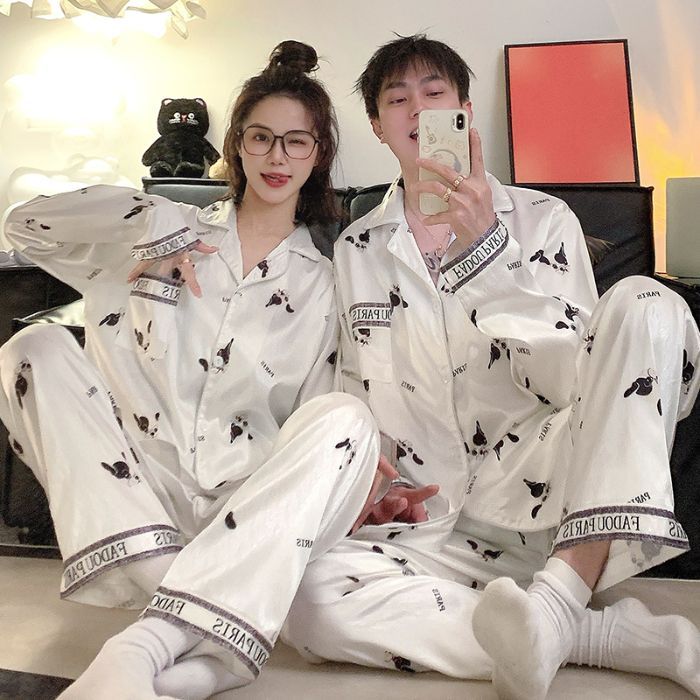M-5XL Plus Size Couple Pajamas Silk Cardigan Sleepwear Satin Pyjamas ...