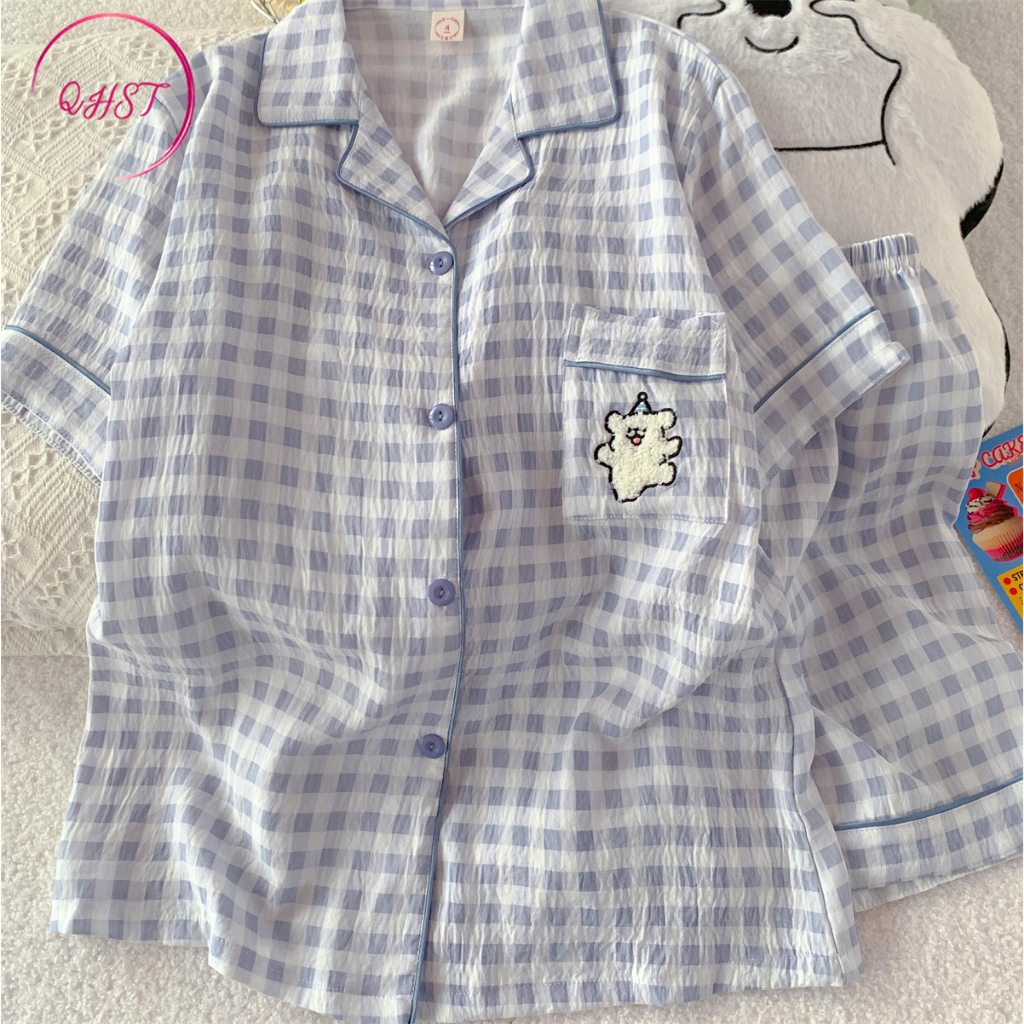 QHST Pajamas Set Female Blue Check Puppy Cloud Cotton Short-Sleeved ...