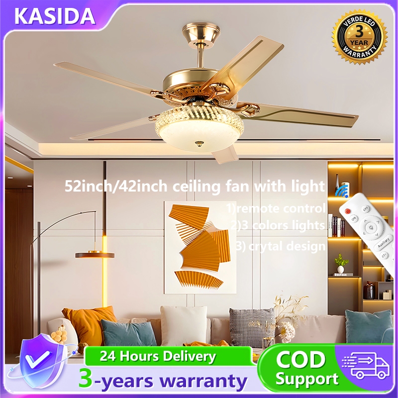 KASIDA Crystal Ceiling Fan With light 42/52inch 3 Colors Lights 6 ...
