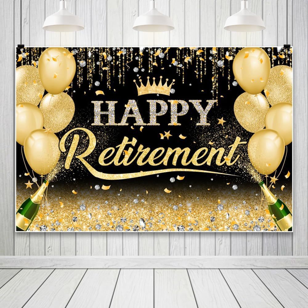 MEHOFOND Happy Retirement Backdrop Black And Silver Glitter Diamond Balloon Photography Background Black Silver Shinning Sparkle Congrats Retirement Party Decorations Banner Photo Studio Props 10x7ft