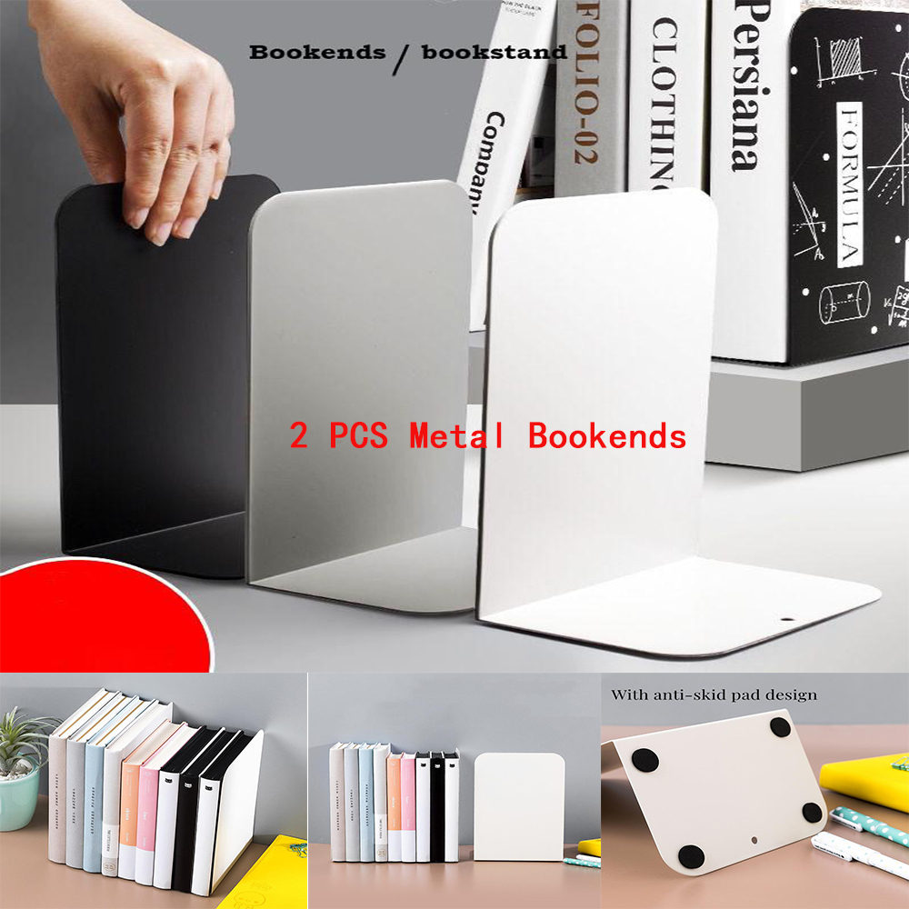 2PCS Black/White Metal Bookends Heavy Duty Pair Office Supplies Stand ...
