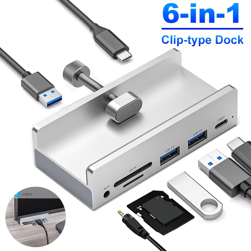 4 Ports Aluminum External Dock Station 6 in 1 USB 3.0 Type-C Clip HUB ...