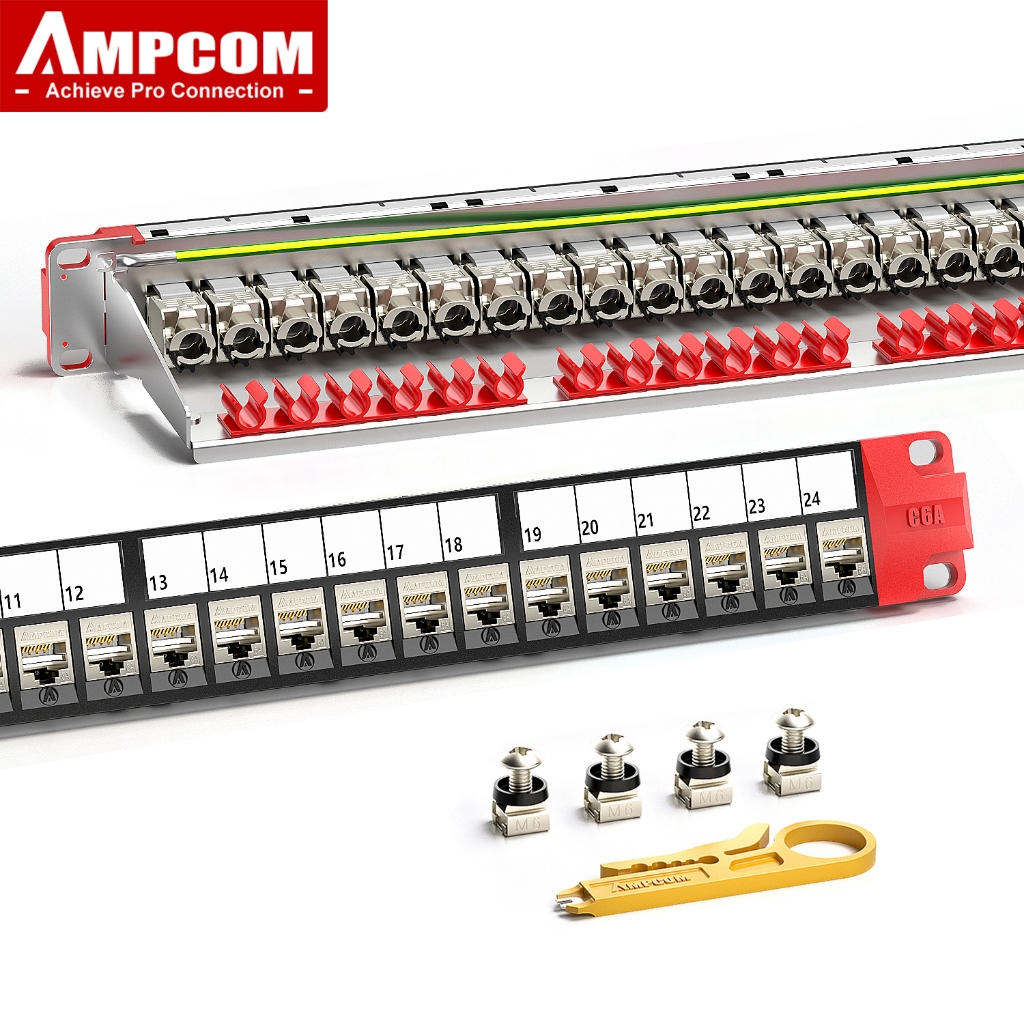 AMPCOM 1U 24-Port Keystone Patch Panel, STP Rack Mount w/ Rear Cable ...