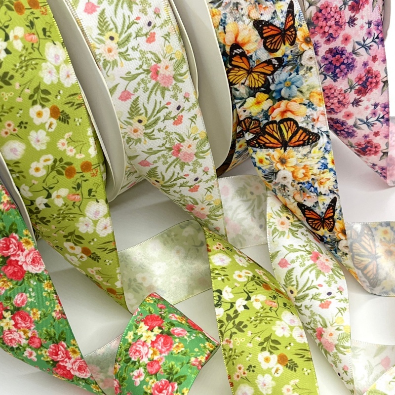 Beautiful Flowers Printed Satin Ribbon 3.8cm 4.5meters For Handmade DIY ...