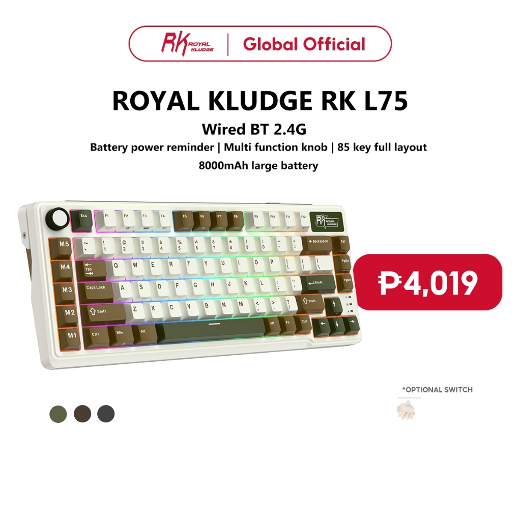 Royal Kludge RK L75 Palm Green 85 Key Diy Tri-Mode RGB Wired Bluetooth ...