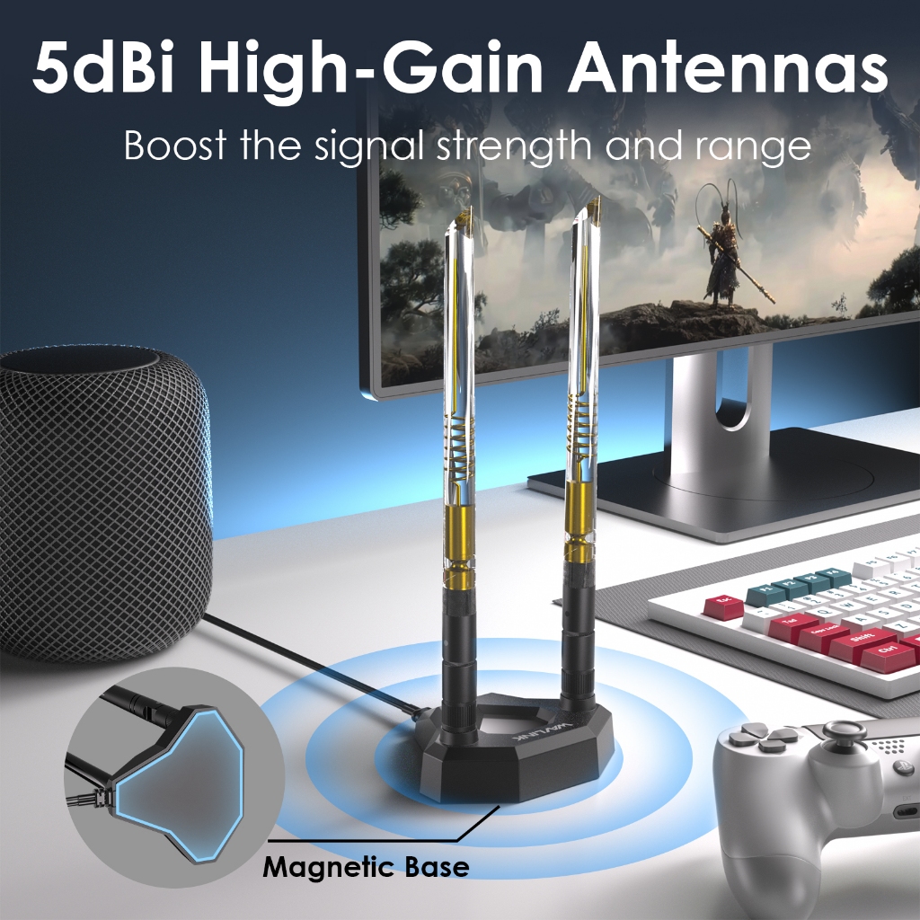 JINTAI Antenna WiFi 6E Tri-Band 9dBi | Base Magnetica E Cavo 80cm | 2.4/5.8/6GHz | Omnidirezionale 360° | Per PC Desktop E Schede PCI-E WiFi/Bluetooth