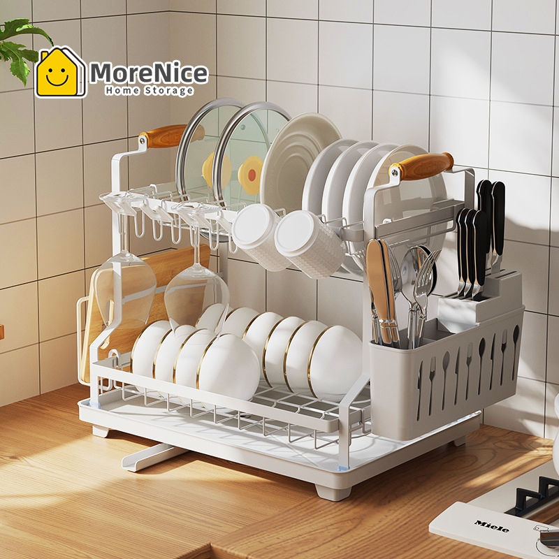 MoreNice 2-Tier Auto Drain Dish Rack with Tray-Stainless Steel Kitchen ...