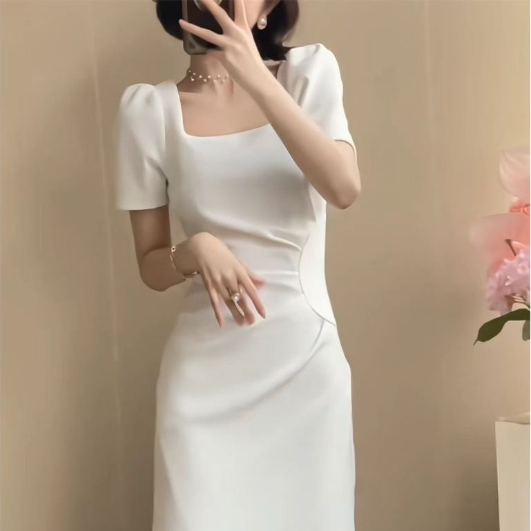 graduation dresses for thick ladies Zapaka Women White Graduation Dress Square Neck Mini Cocktail Dress With  Short Sleeves – ZAPAKA NZ main image 0