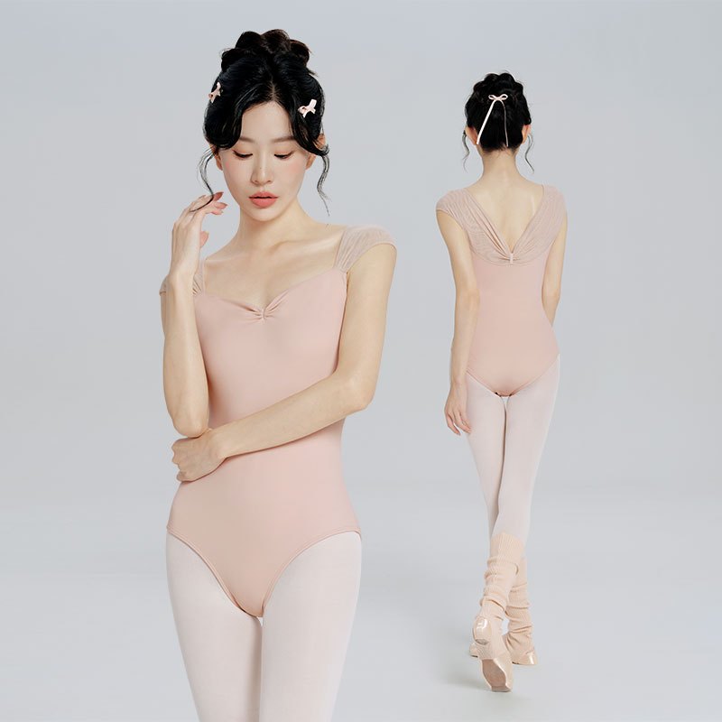 Women Ballet Leotard Mesh Splice Sleeveless Pink Dance Bodysuit