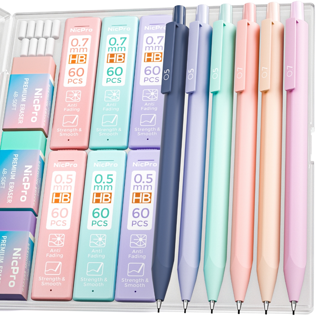 Nicpro 4 PCS Pastel Echanical Pencil 0.7, Cute Fast Click Echanical Pencils Set With 8 Tubes