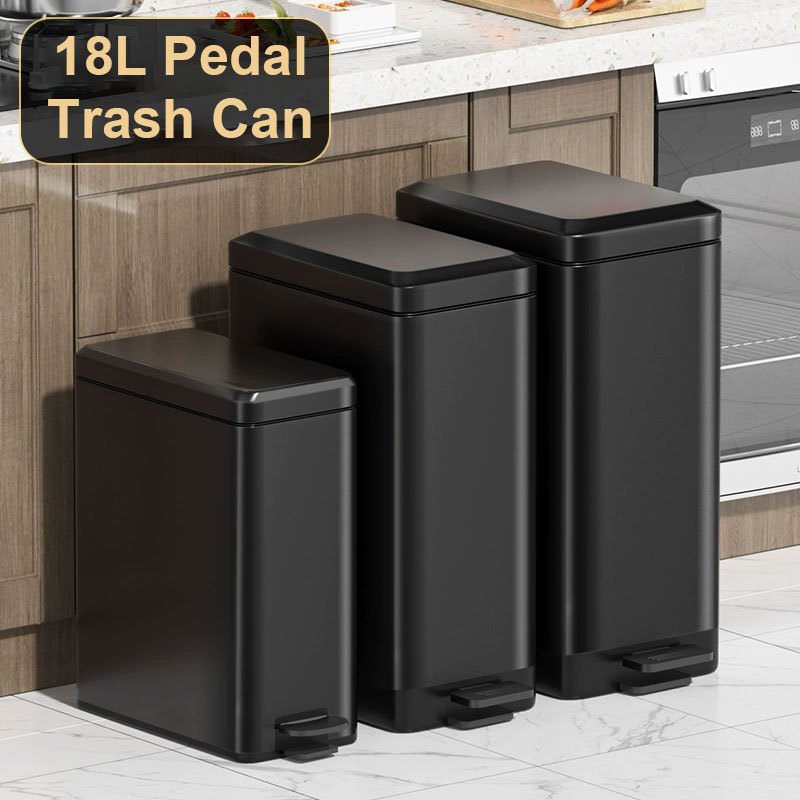 18L Pedal Trash Can Rectangle Tungsten steel Trash Can with Cover Trash ...