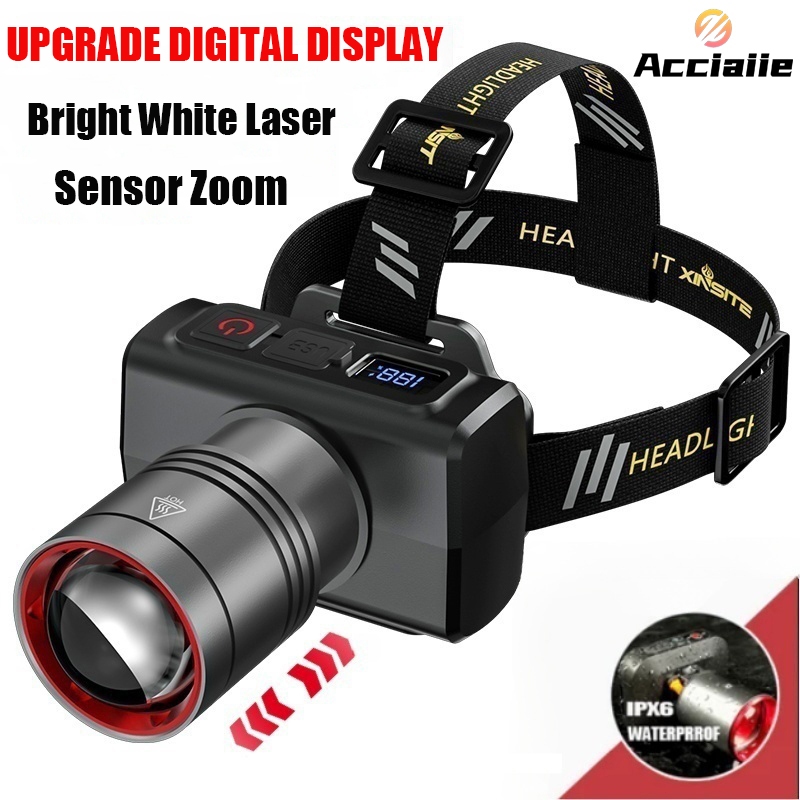 Acciaiie Headlight Flashlight Rechargeable Waterproof Power Display ...