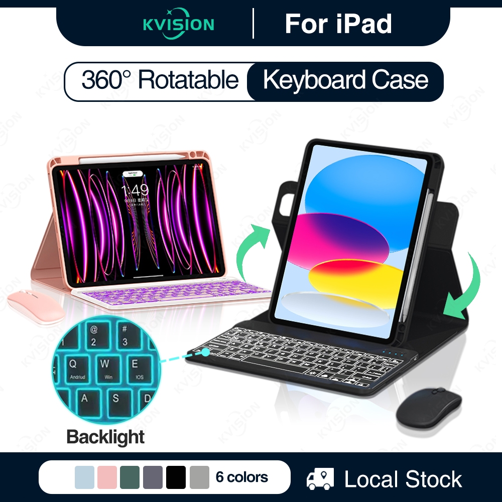 KVISION Backlight for ipad Case with Keyboard Pencil Holder Air 7th 5 4 ...