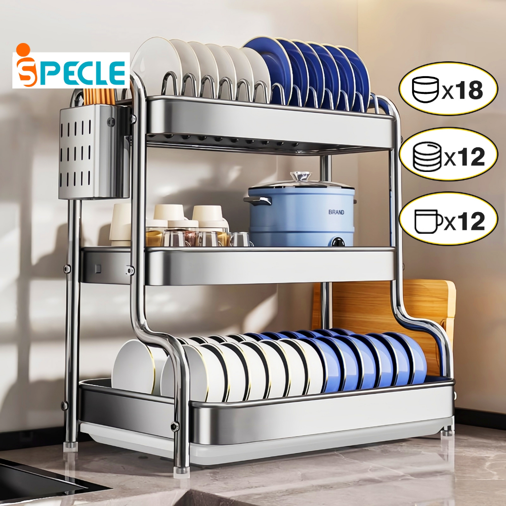 iSPECLE【2025 New】2/3-Tier Dish Rack Drainer Stainless Dish Rack with ...