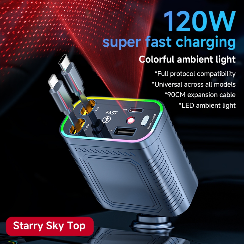 Caricabatterie Auto 4 In 1 120W Retrattile Dual USB C E IOS Con Presa Accendisigari - Foto 4
