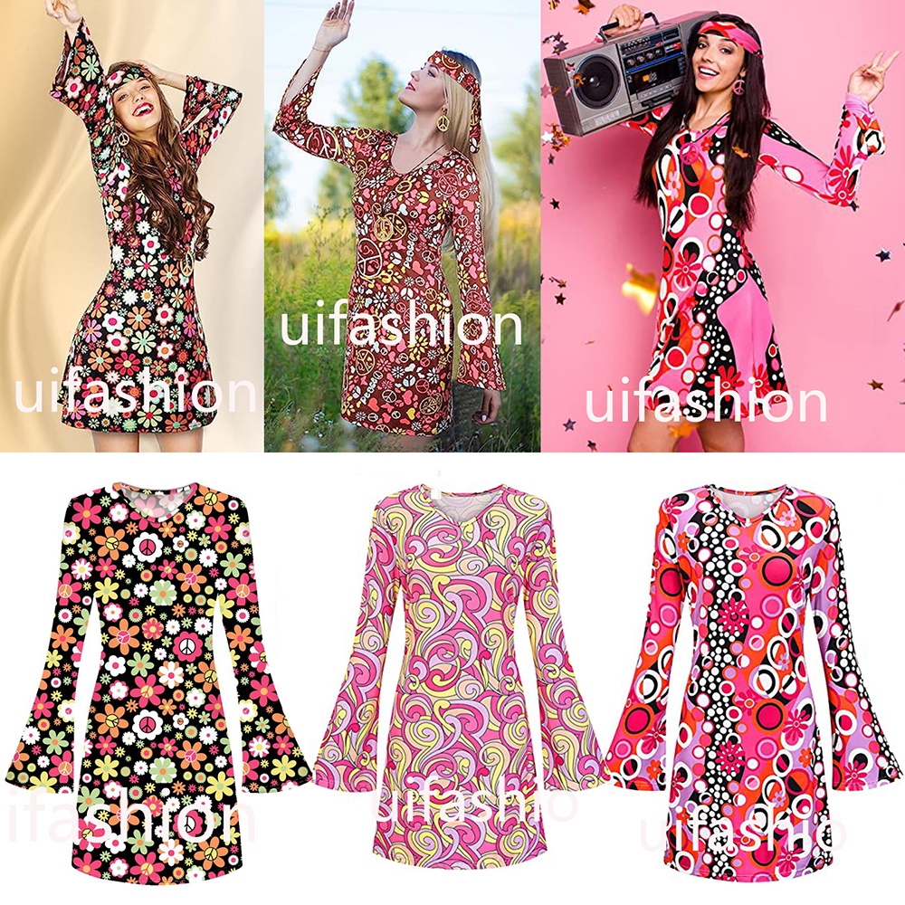 70s Women's Hippie Costume Retro Print Flared Sleeve Dress with Headband  Earrings Necklace Disco Costume Carnival Masquerade Halloween Cosplay Gift  New | Shopee Philippines