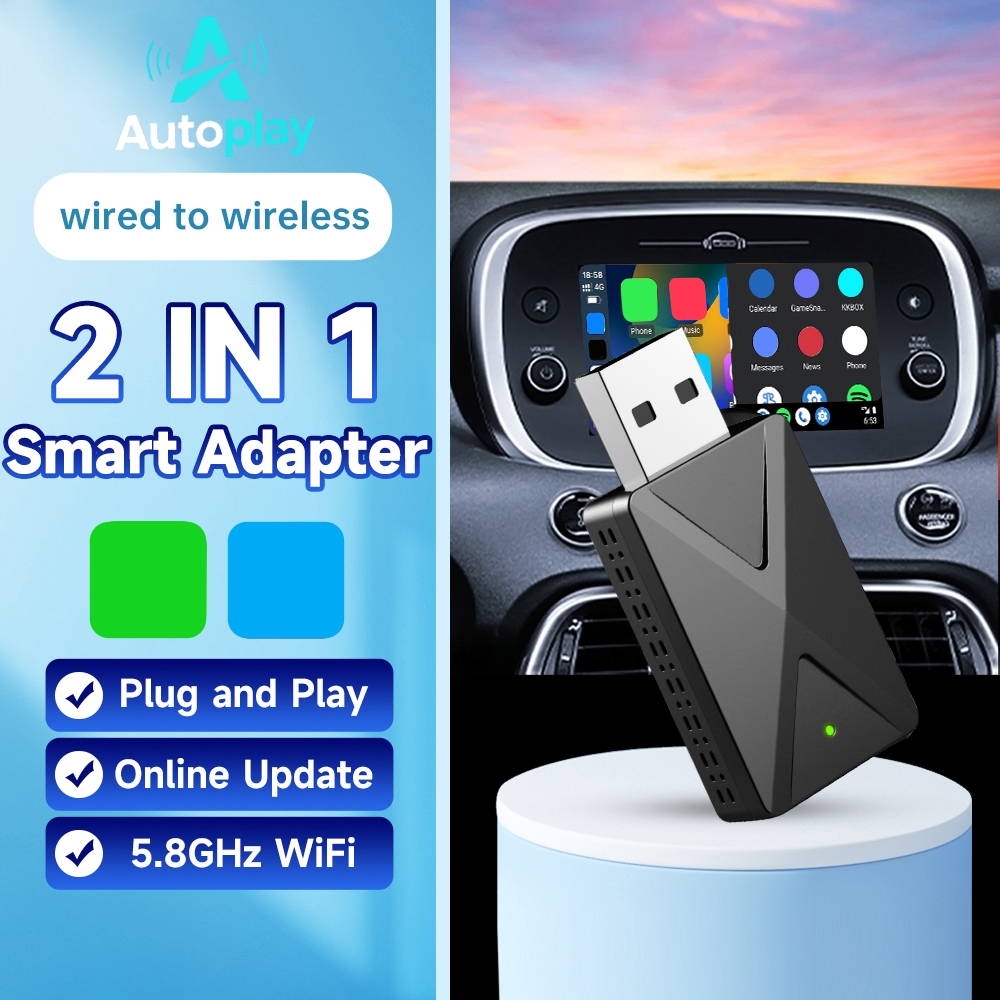 2in1 Wireless Carplay Adapter Compatible with iOS CarPlay&Android Auto ...