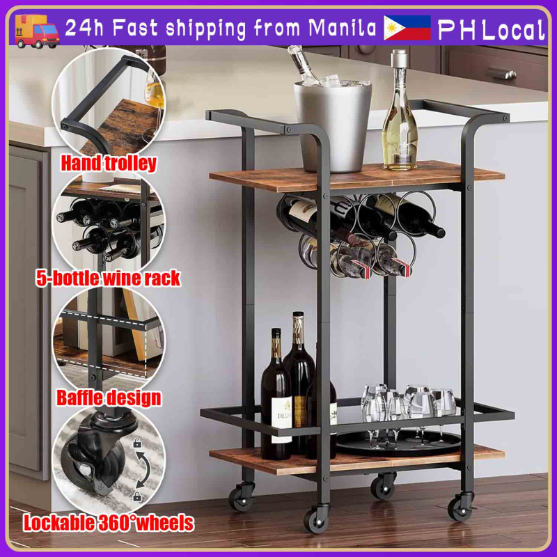 Metal Wine Cart Trolley with Lockable Universal Wheels Bar Cart Trolley ...