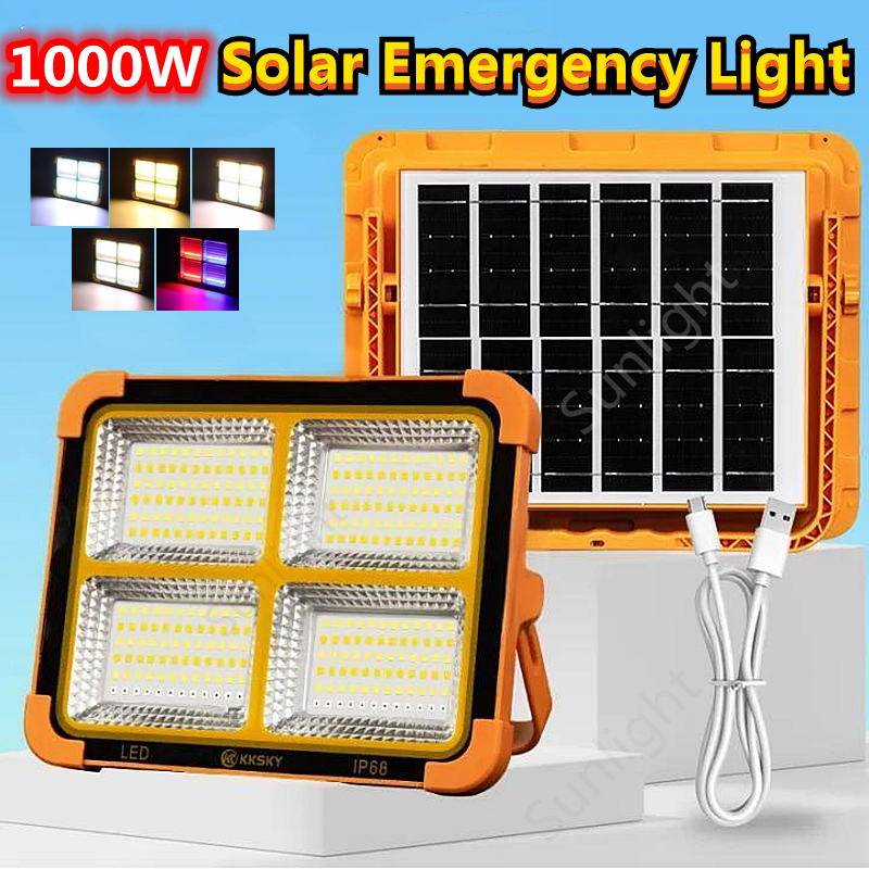 1000W Portable Solar Emergency Light LED Rechargeable Flashlight 5 ...
