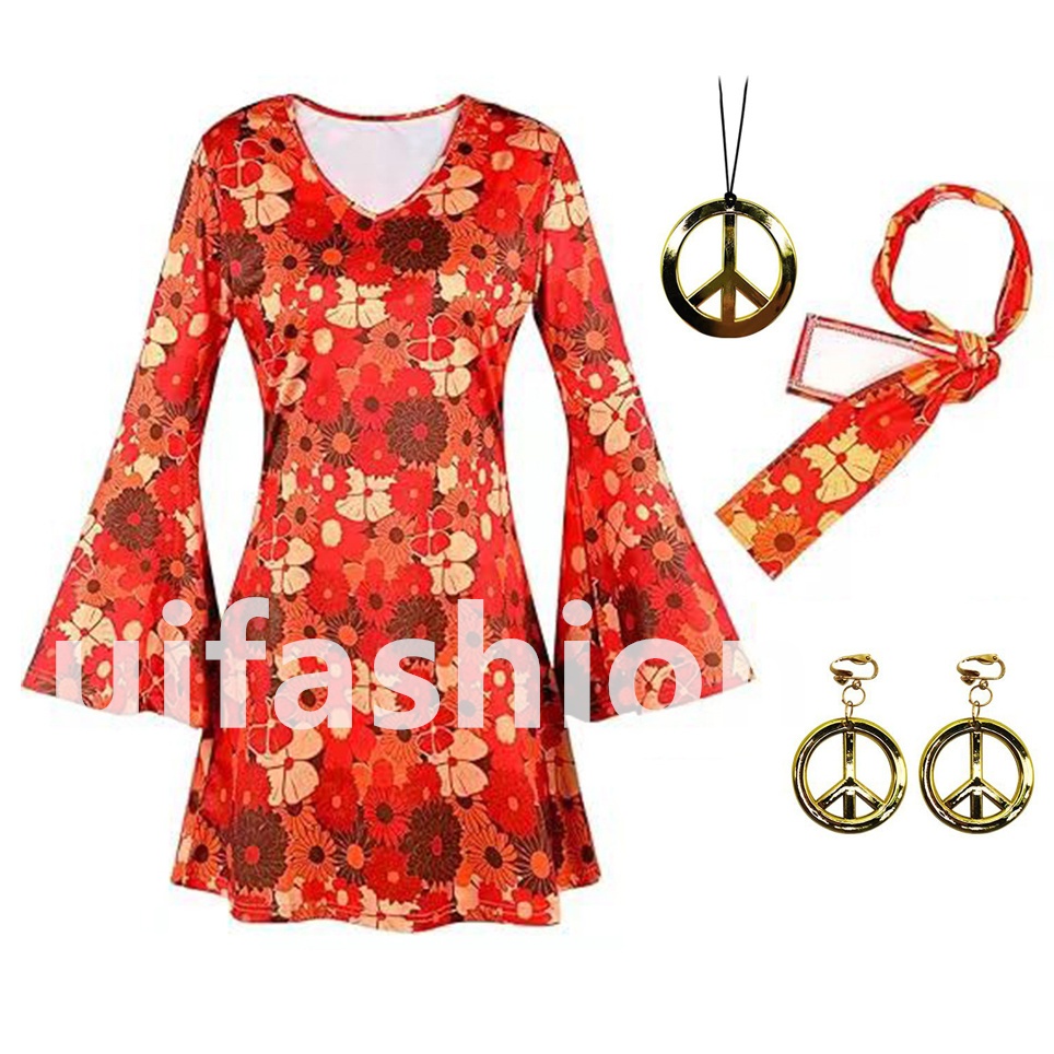 70s Women's Hippie Girl Costume Retro Print Flared Sleeve Dress with  Headband Leg Sleeves Disco Carnival Masquerade Costume New | Shopee  Philippines