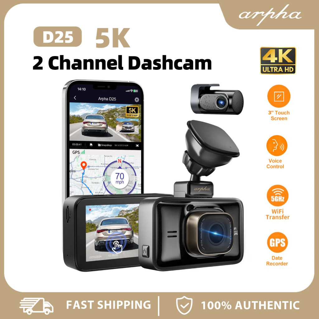 Arpha D25 5K UHD/2160P Dual Channel Front & Rear Dash Cam 3'' Touch ...
